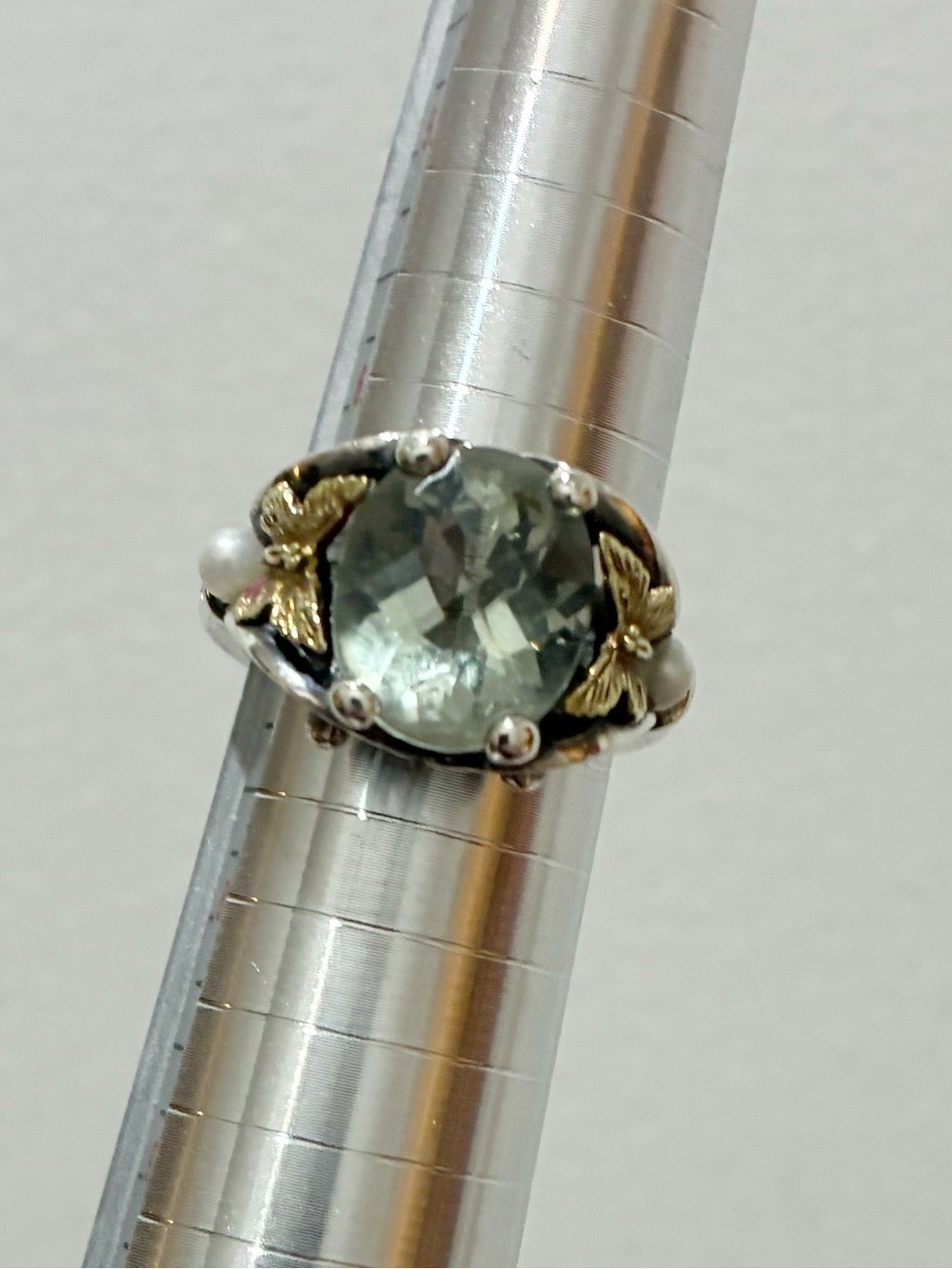 Ann King Prasiolite, Pearl, 18kt and Sterling Silver Butterfly Ring